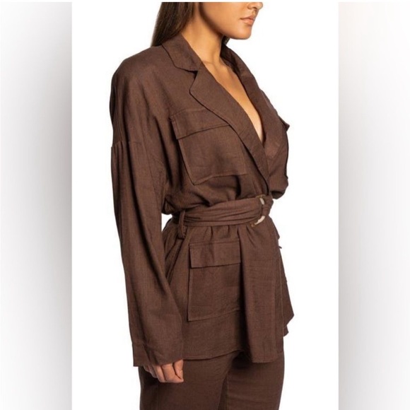Jluxlabel brown Cape Town linen jacket belted pocket collared blazer trench coat - Picture 3 of 8